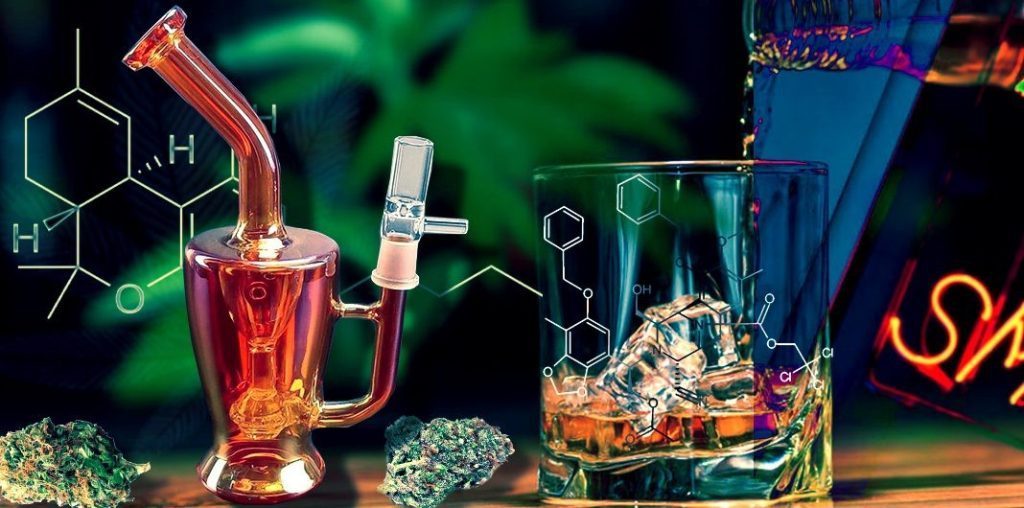 Alcohol and Drugs: Overcoming Addiction Challenges Glass bong and whiskey glass symbolizing alcohol and drugs