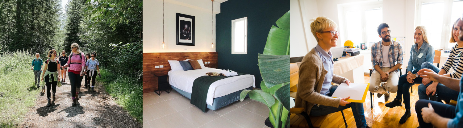 Outdoor Group Therapy and Comfortable Rehab Spaces Group hiking therapy, cozy rehab room, support group session